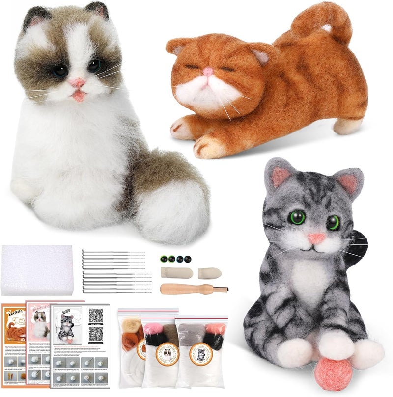 Mayboos Needle Felting Kit, 3 PCS Cat Animal Needle Felting Beginner Kits Wool Felt Needle Felting Tools with Instruction for DIY Craft Animal Home Decoration - Image 1